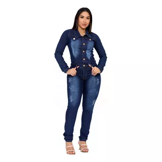 Macacão Jeans Longo Feminino Manga Longa Com Elastano