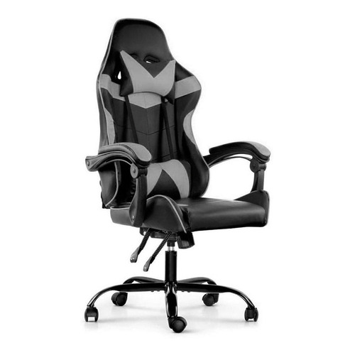 Silla de escritorio Lumax Gamer ergonómica  gris y negra con tapizado de cuero sintético