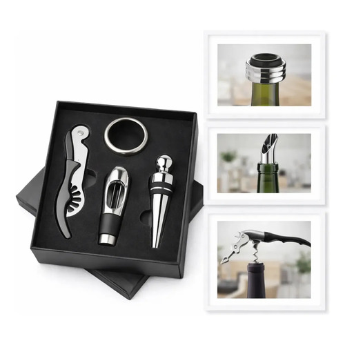 Kit Vinho 4 Peças Aço Inox Vbs Brasil Abridor Garrafa Manual Tipo Saca Rolhas Bico Dosador Tampa Anel