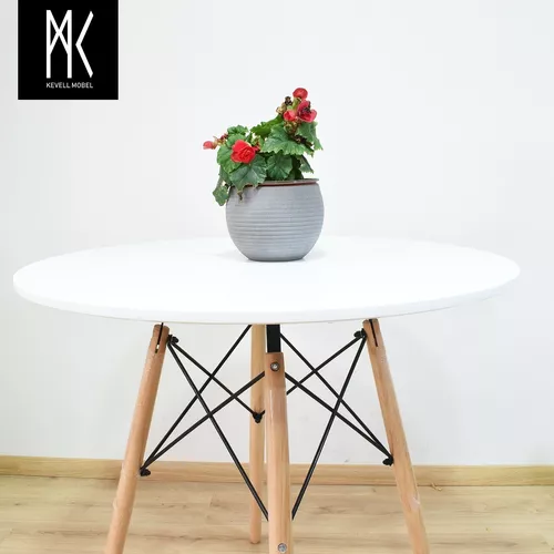 Mesa Eames con tapa blanca y patas de madera redondas