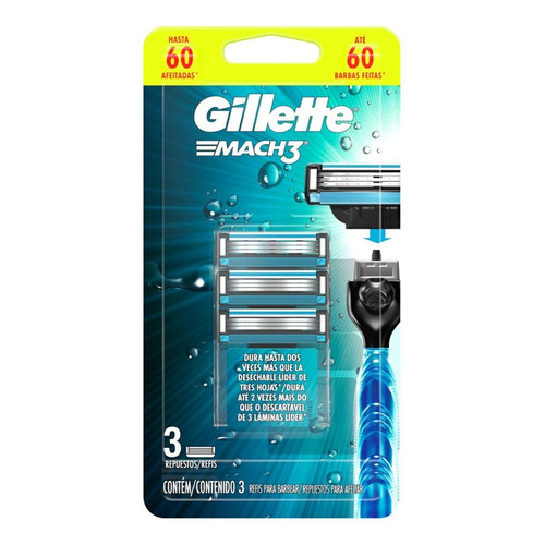 Cartuchos Para Máquina De Afeitar Gillette Mach3 Aqua Grip 3 Cartuchos