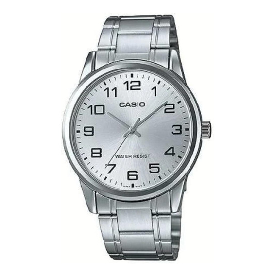 Reloj pulsera Casio Enticer MTP-V001GL-7BUDF de cuerpo color plateado, analógico, para hombre, fondo plateado, con correa de acero inoxidable color plateado, agujas color plateado, dial negro, minuter