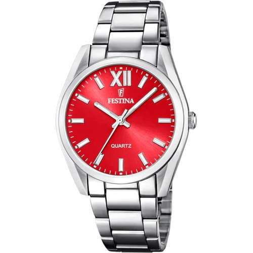 Reloj Festina F20622.b Para Mujer Analogico Cuarzo Color de la malla Plateado Color del bisel Plateado Color del fondo Rojo