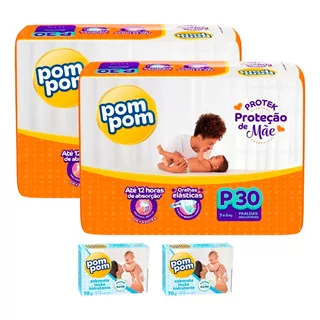 Kit 2 Fraldas Pompom Protek P 30 Unidades + 2 Sabonetes 