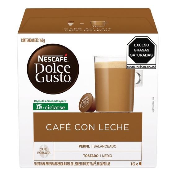 Caja X16 Cápsulas Nescafé Dolce Gusto Café Con Leche 160 G