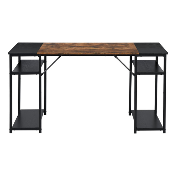 Homemake Furniture Escritorio Con Repisa Inferior Moderno Negro Con Marrón 140cm, Escritorio Oficina De Metal Y Acabados Tipo Madera
