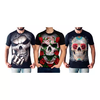 Kit Camisetas Skull Caveira Floral Rock Camisas Algodao Top