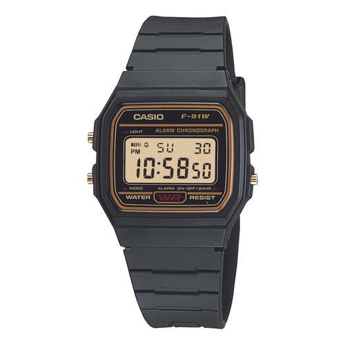 Reloj pulsera Casio Collection F-91WG-9QDF-SC de cuerpo color negro, digital, para hombre, fondo dorado, con correa de resina color negro, dial negro, minutero/segundero negro, bisel color dorado y hebilla simple