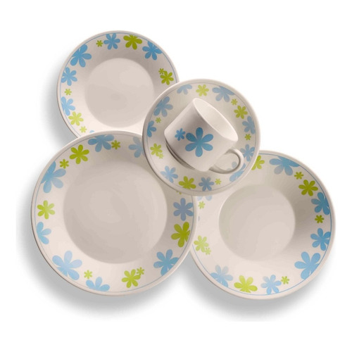 Juego Vajilla Flores Plato Taza Cerámica 30 Pzs Hsk Color Blanco