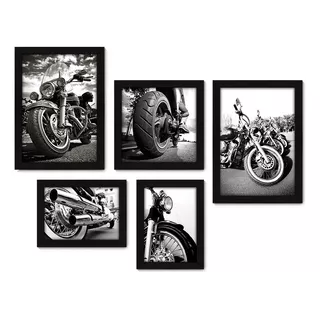 Kit Com 5 Quadros Decorativos - Motos Motocicletas Sala 239 Cor Moldura Preta