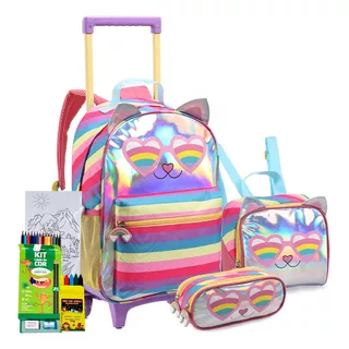 Kit Mochila Rodinha Estojo Lancheira Gatinha Denlex Infantil