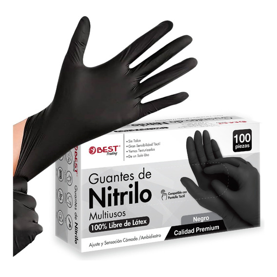 100 Guantes Nitrilo Premium Negro Libre De Látex Sin Polvo