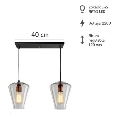 Colgante 2 Luces Cristal Transparente Vintage Cobre Apto Led