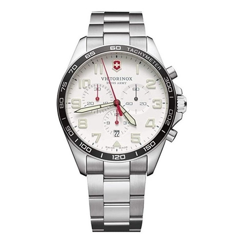 Reloj pulsera Victorinox Chrono con correa de acero inoxidable color plata - fondo blanco - bisel negro/blanco