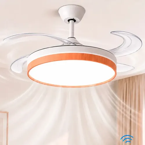 Ventilador De Techo Retracil Novohome Luz Led Y 4 Aspas Retractiles Silencioso Con Control Remoto Color Blanco Y Madera Estilo Bamboo