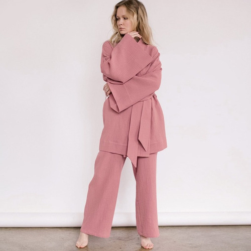 Conjunto De Pijama Suelto De Algodón De Color Liso Para Muje 
