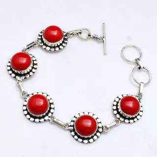 Pulsera, Etnica En Plata 925 Con Coral