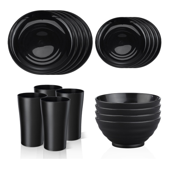 Vajilla Juego Para 4 Persons Negros Tazas Platos Cuencos 16p