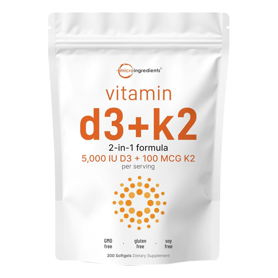 Vitamina D3 5000iu Plus K2 Fórmula 2 En 1, 300 Softgels