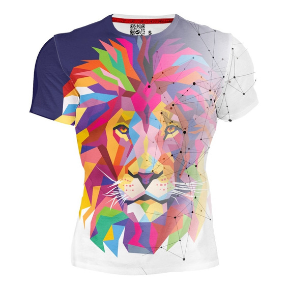 Playera Full Print Caballero Melena León Colores Geométrico 