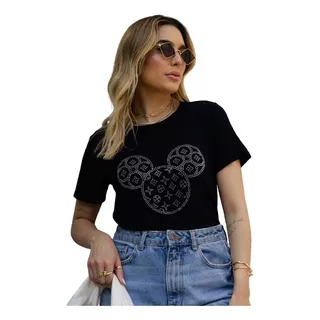 Blusa Feminina Baby Look T-shirt Strass Estampa Mickey