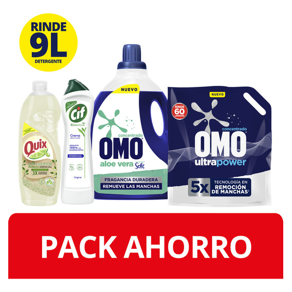 Omo Pack detergente líquido botella + Doypack + Quix + Cif