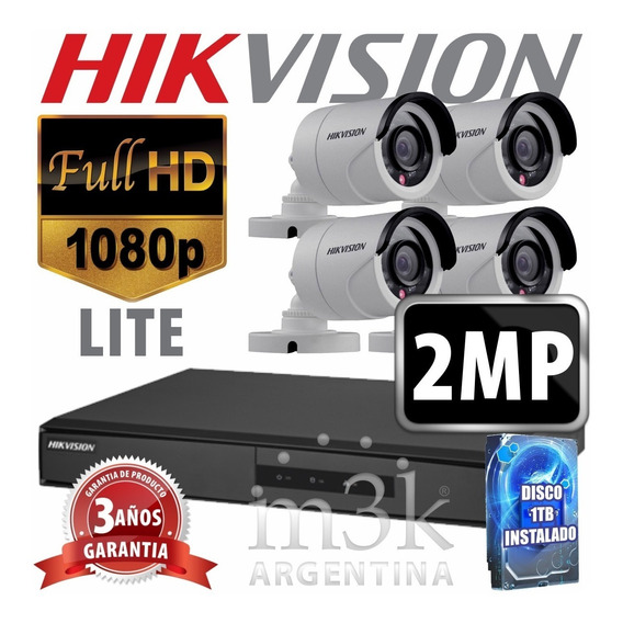 Kit Seguridad Hikvision Full Hd Dvr 8 + Disco 1 Tb Instalado + 4 Camaras 2mp 1080p Exterior Infrarrojas Domos + Ip M3k