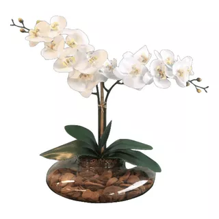 Arranjo 2 Orquídeas Artificiais Brancas No Vaso De Vidro