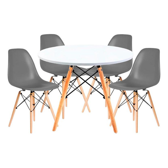 Juego Comedor Eames Mesa Redonda 80cm + 4 Sillas Eames Color Gris Diseño de la tela de las sillas Liso