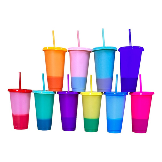 Vasos Magicos Cambian De Color Con Tapa Y Popote 700ml 10pzs