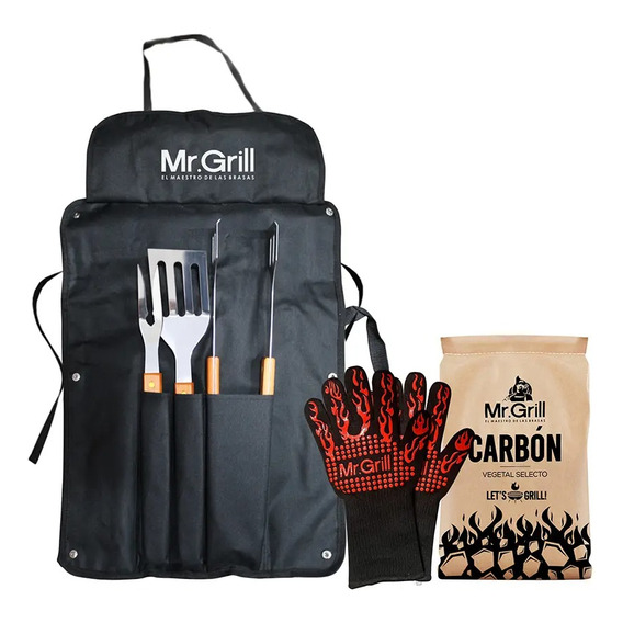 Grill Box - Guantes De Fuego + Mandil Con Utensilios + Carbó