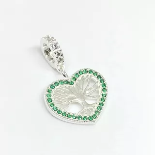 Dije Charm Corazón Árbol De La Vida Cubic Verde Plata 925