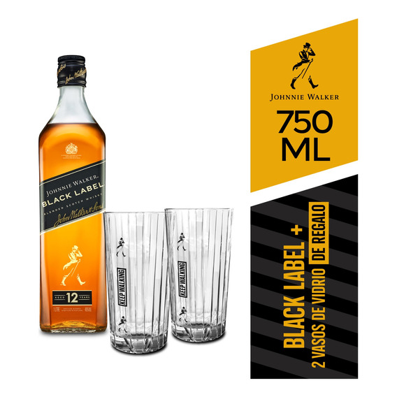 Whisky Johnnie Walker Black Label 12 Años 750ml + 2 Vasos