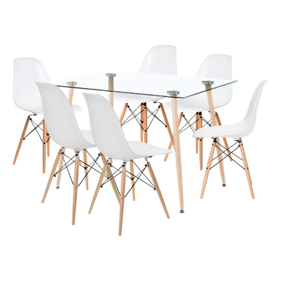 Comedor Mesa De Vidrio Rectangular 120x80 + 6 Sillas Eames B