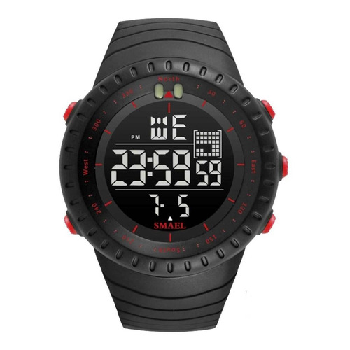 Reloj de pulsera Smael Esportiva 1237 de cuerpo color negro y rojo, digital, para hombre, fondo negro, con correa de resina color negro, dial gris, minutero/segundero gris, bisel color negro y rojo y hebilla simple