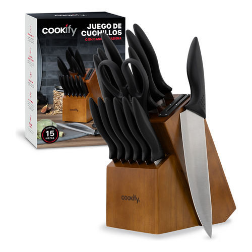 Set De Cuchillos Cookify De Acero Inoxidable, 15 Piezas, Incluye Base De Madera, Precisos Y  Duraderos, Diseño Ergonómico, Ideal Para Tu Cocina, Fácil Mantenimiento Y Limpieza 