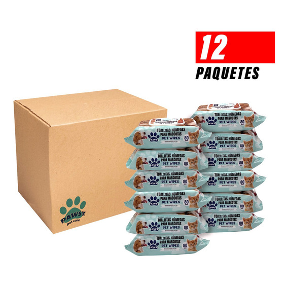 Caja 12 Paquetes 960 Toallitas Húmedas Pawsy Perros Y Gatos Fragancia Aloe vera