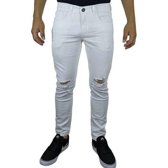 Pantalón Jean Moda Rasgado Para Hombre - Blanco