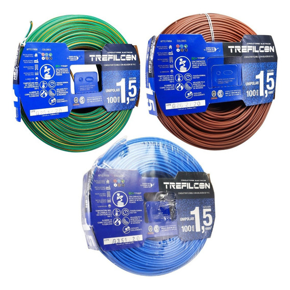 Cable 1,5mm Trefilcon Norma Iram 100mts 100% Cobre Combo X3 Color de la cubierta Verde/Amarillo + Marron + Celeste