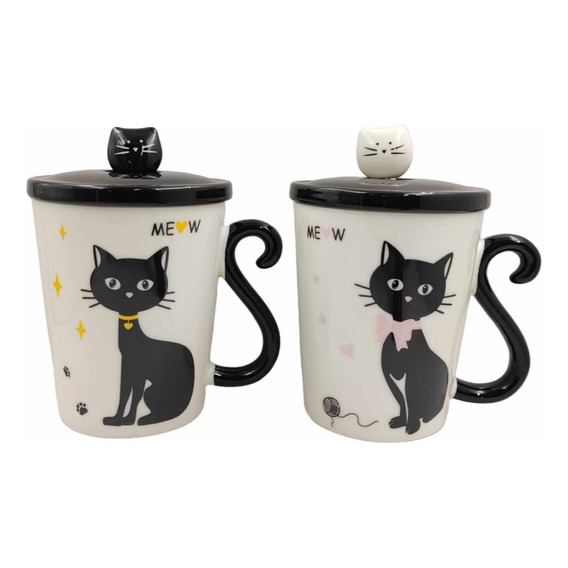 Pocillo Mug Gatito Black Cat Meaw Tapa Y Cuchara