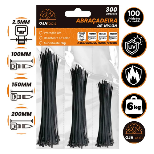 Abraçadeira Nylon Enforca Gato Preto 10cm 15cm 20cm OJA Tools 300 Unidades Abraçadeira Nylon Enforca Gato Preto 10cm 15cm 20cm OJA Tools 300 Unidades