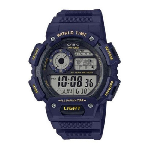 Reloj pulsera digital Casio AE-1400 con correa de resina color azul - fondo gris - bisel negro