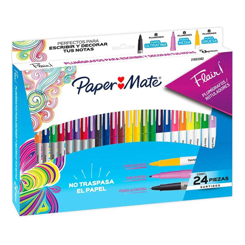Set De Plumígrafos Paper Mate Flair 24 Pza Gruesa-media-fina Color Del Trazo Colores
