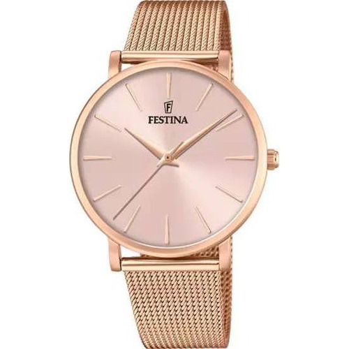 Reloj pulsera Festina Boyfriend F20477 oro rosa, analógico, para mujer, correa de acero inox rosa, agujas oro rosa, dial oro rosa, bisel oro rosa y hebilla de gancho