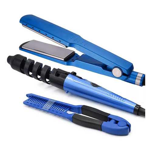 Kit Plancha 450° + Rizador + Peine Cabello Gama Titanio Pro Color Azul
