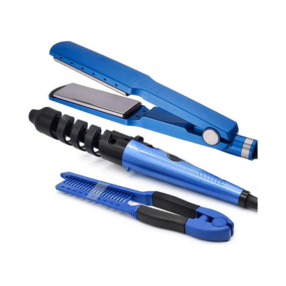Kit Plancha 450° + Rizador + Peine Cabello Gama Titanio Pro Color Azul