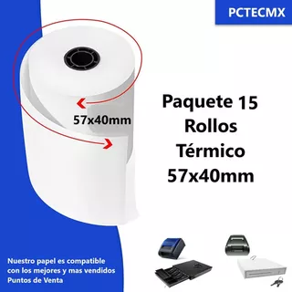 Pack 15 Rollos Térmicos 57x40 Miniprinter Impresora 58mm Color Blanco