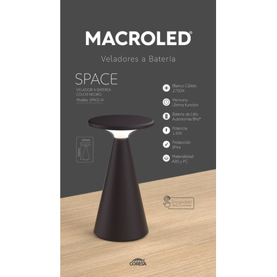 Velador De Mesa Space Negro Inalámbrica Led Mc