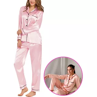 Pijama Mujer Seda Satén Camisa Pantalón Suave Elegante Moda 