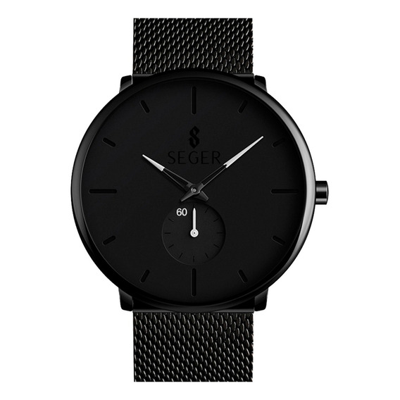 Reloj Minimalista Hombre Seger 9185 Analogico Acero Elegante Malla Negro Fondo Blanco